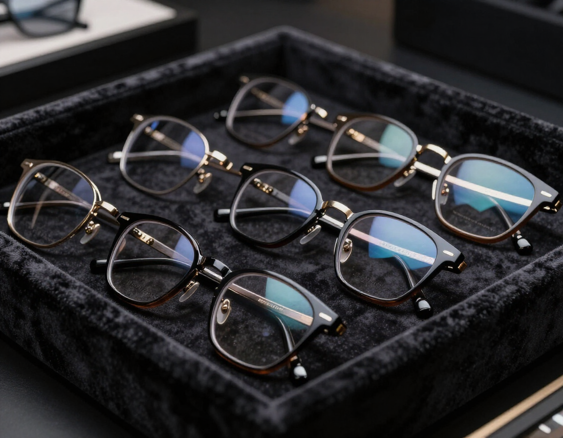 Premium designer eyewear frames on dark velvet optical display tray