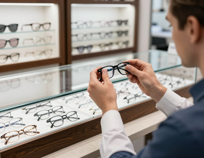 Optician fitting prescription glasses