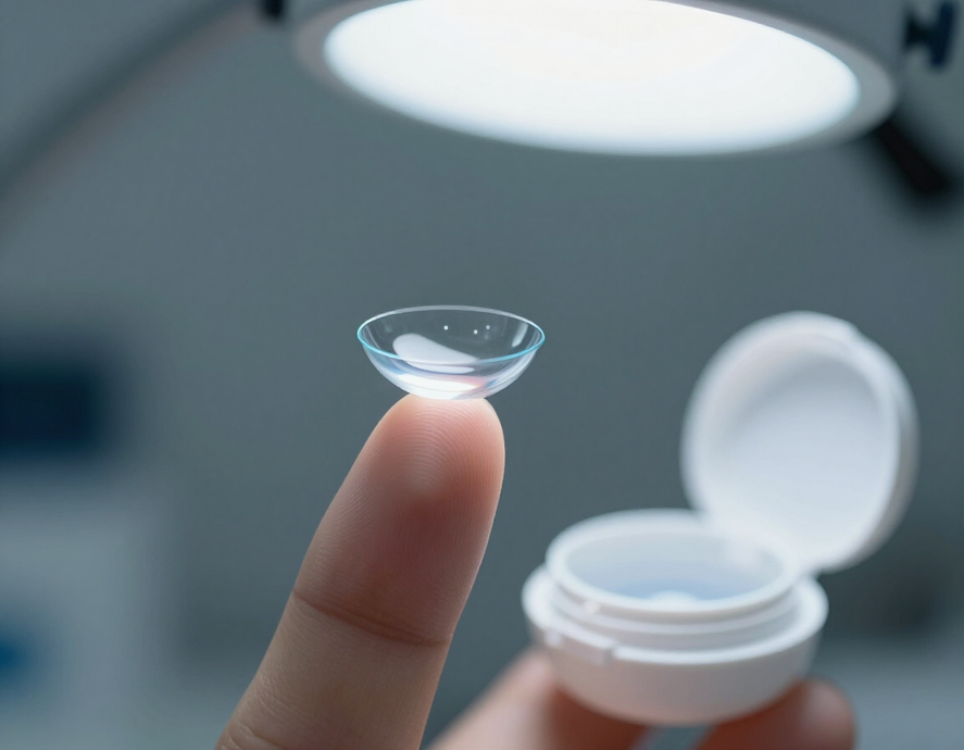Contact lens on fingertip