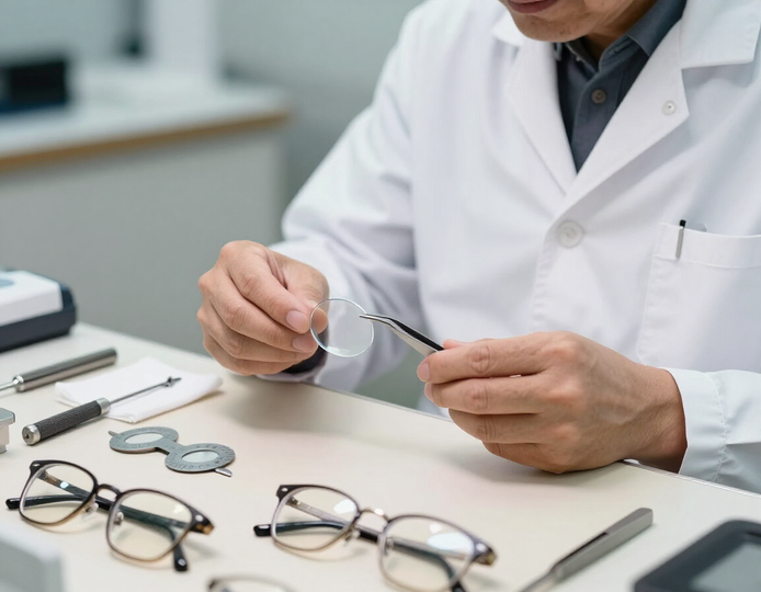 Optician working with eyeglass lenses