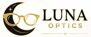 Luna Optics logo with gold crescent moon, eyeglasses, and black text on a white background
