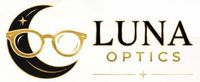 Luna Optics logo with gold crescent moon, eyeglasses, and black text on a white background