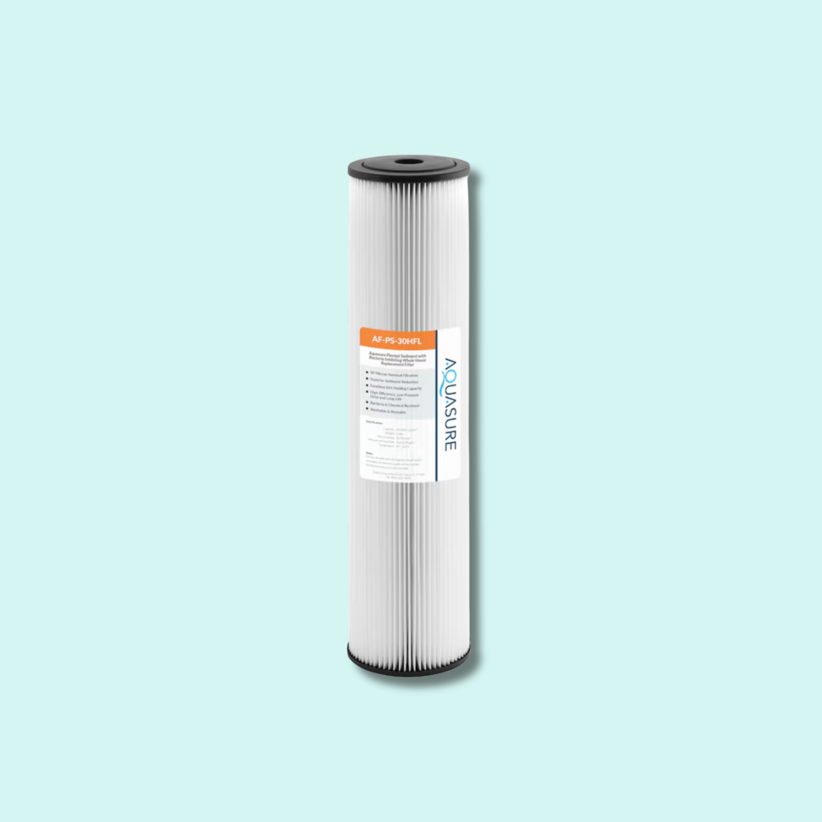 Aquasure Fortitude V2 Pleated Sediment Filter on light blue background with drop shadow