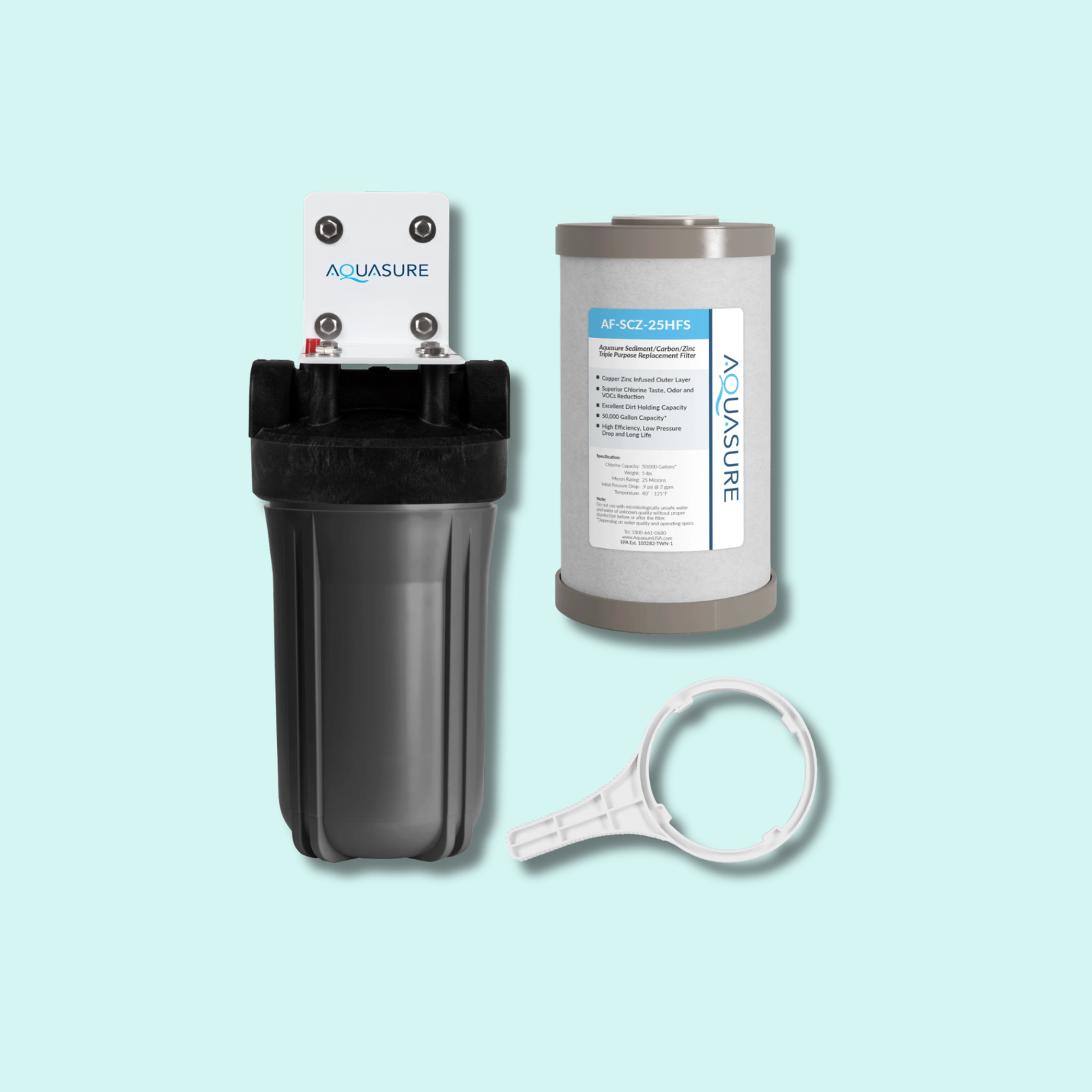 Aquasure Fortitude V Triple-Purpose Filtration System on light blue background with drop shadow