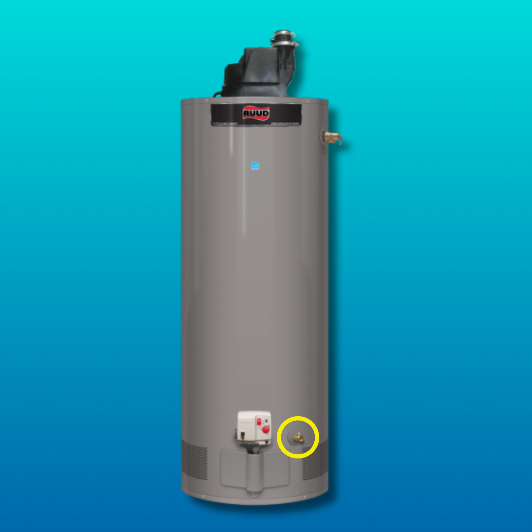 Ruud power vent water heater with drain valve circled in yellow