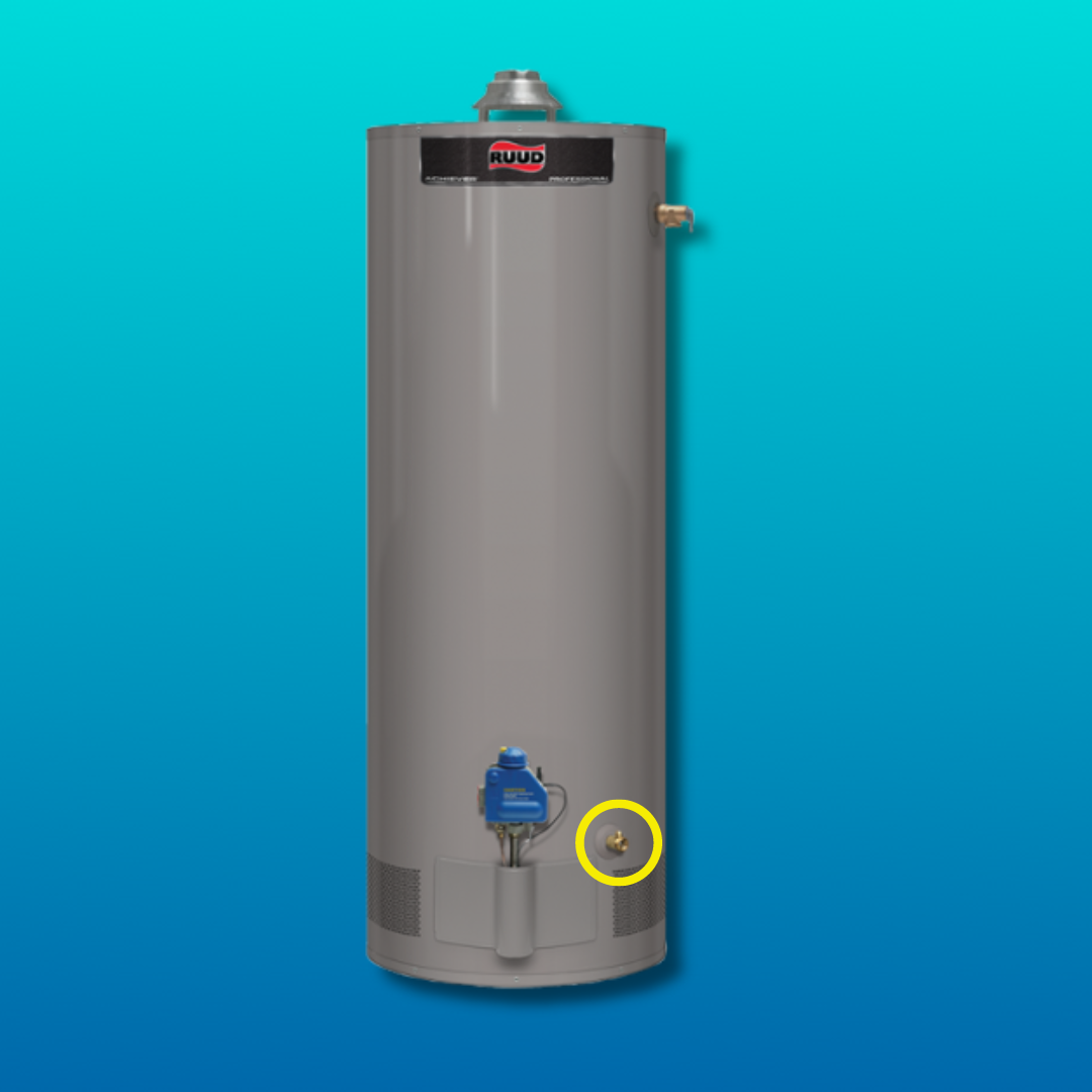 Ruud power vent water heater with drain valve circled in yellow