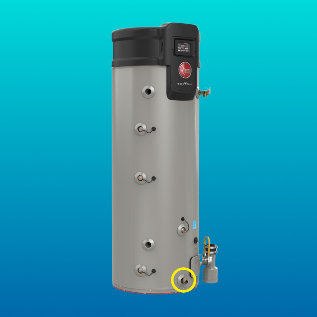 Rheem Triton Commercial Water Heater with drain valve circled in yellow