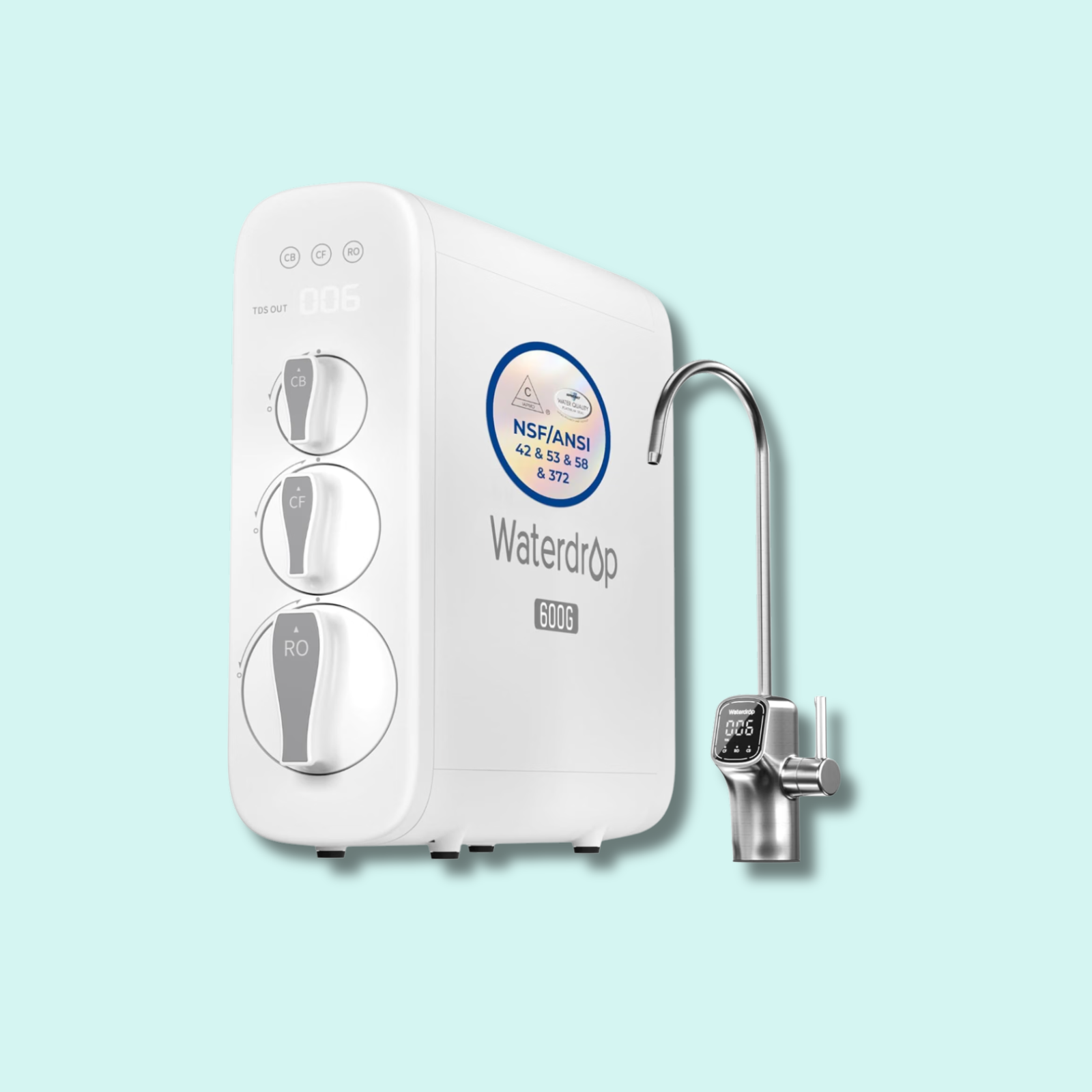 Waterdrop G3P600 Tankless Reverse Osmosis System on light blue background with drop shadow