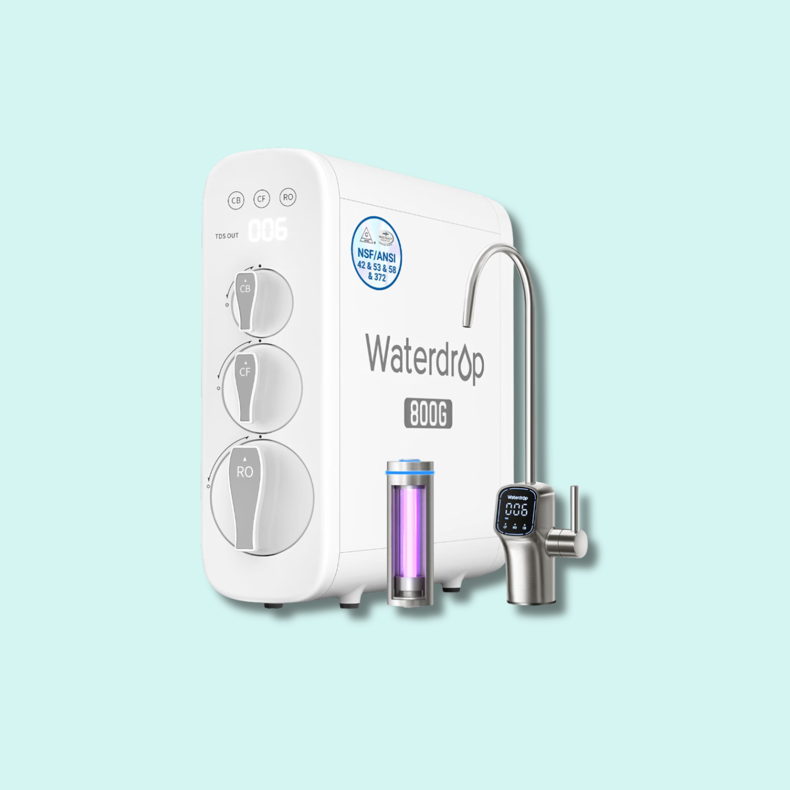 Waterdrop G3P800 Tankless Reverse Osmosis System on light blue background with drop shadow