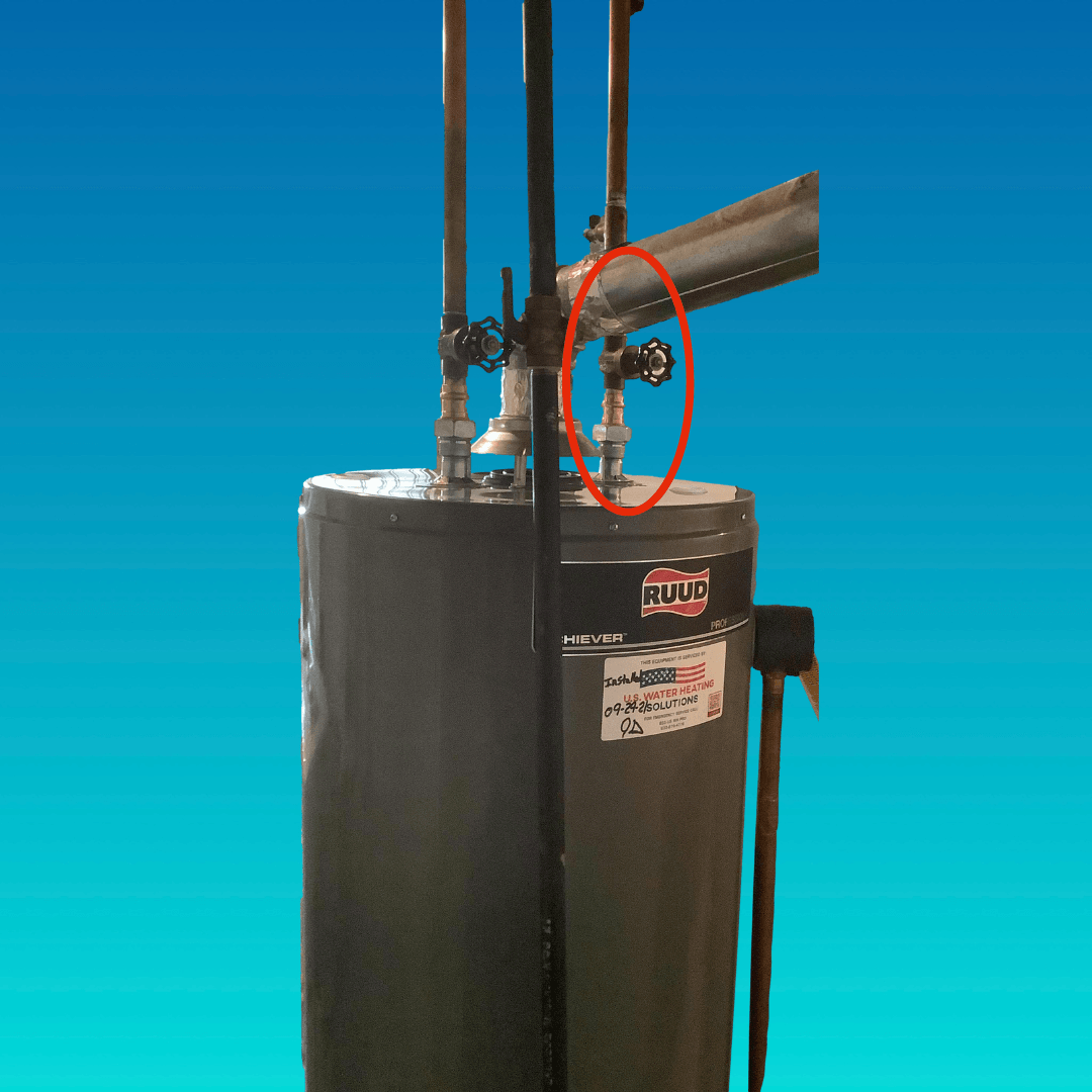 Water Heater Hot Water Outlet Circled in Red on Blue Ombre Background