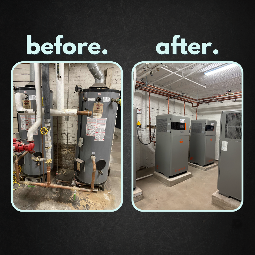 Before: Double Rheem Triton Commercial Water Heaters, After: Upgrade to Four Intellihot iE1STD Tankless Heat Pump Water Heaters at Howard Apartments in Chicago, Illinois