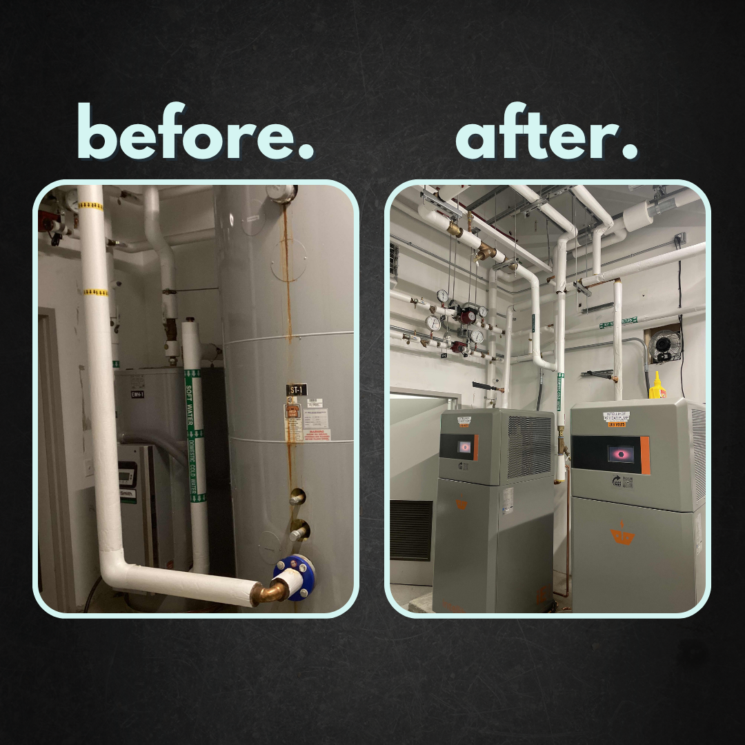 Before: A.O. Smith Commercial Water Heaters with storage tanks, After: Upgrade to two Intellihot iE1MAX Tankless Heat Pump Water Heaters at a store in Columbus, Ohio