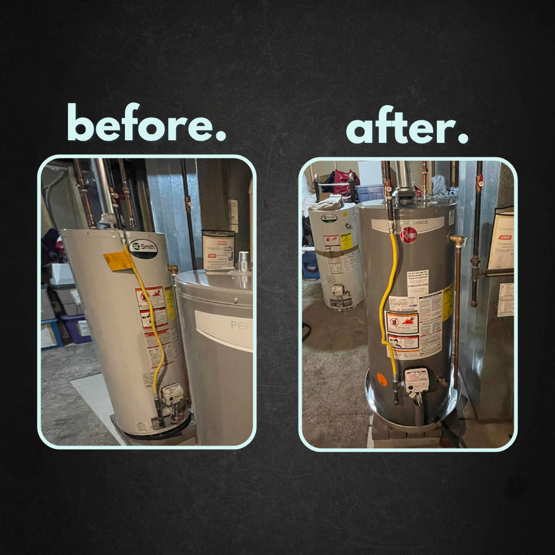 Before and after: A.O. Smith Standard Atmospheric water heater on left was replaced with a comparable Rheem model shown on the right, service performed in Kewaskum, Wisconsin