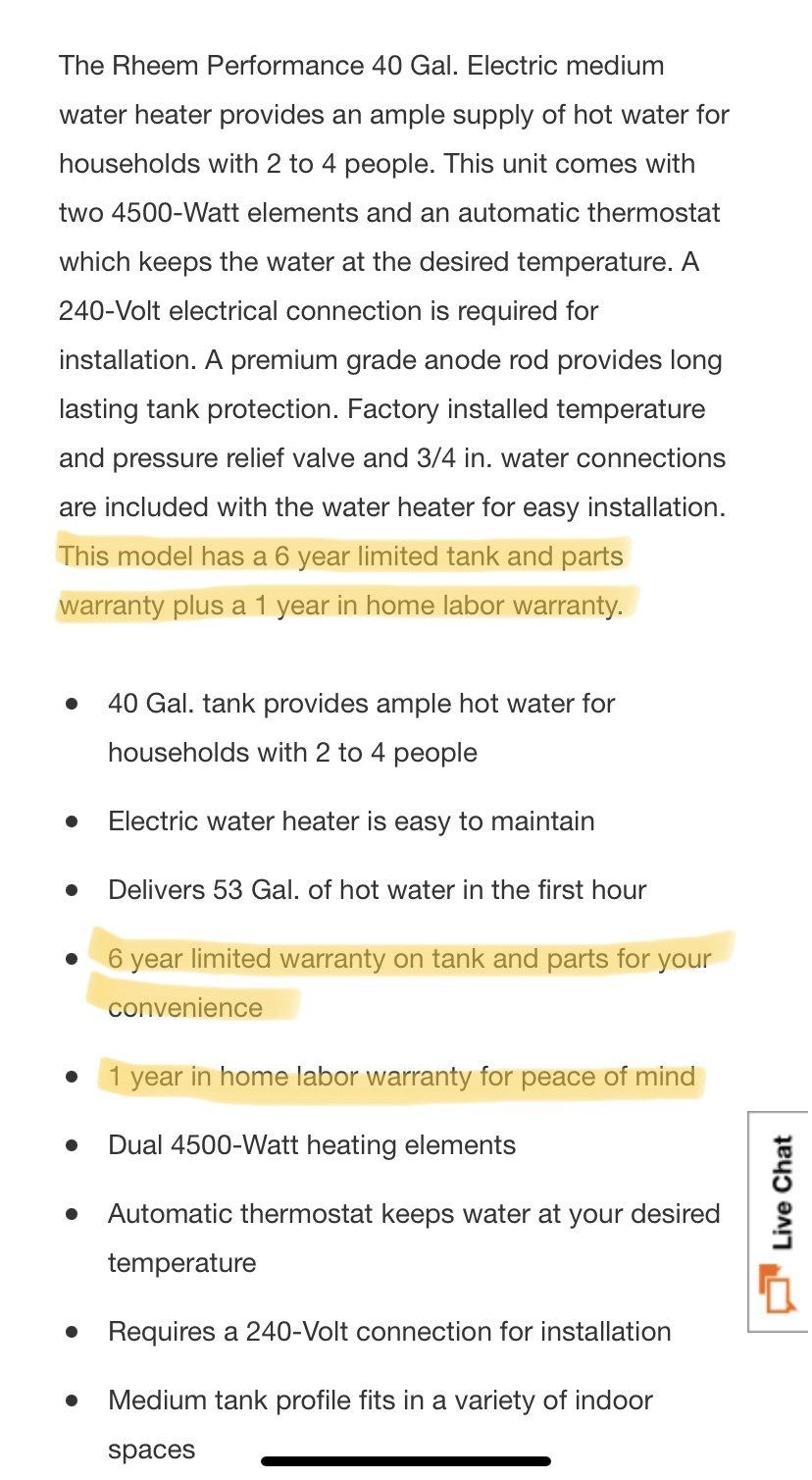 Screenshot of Details for Rheem Residential Water Heater Warranty for Labor, Parts, and Tank