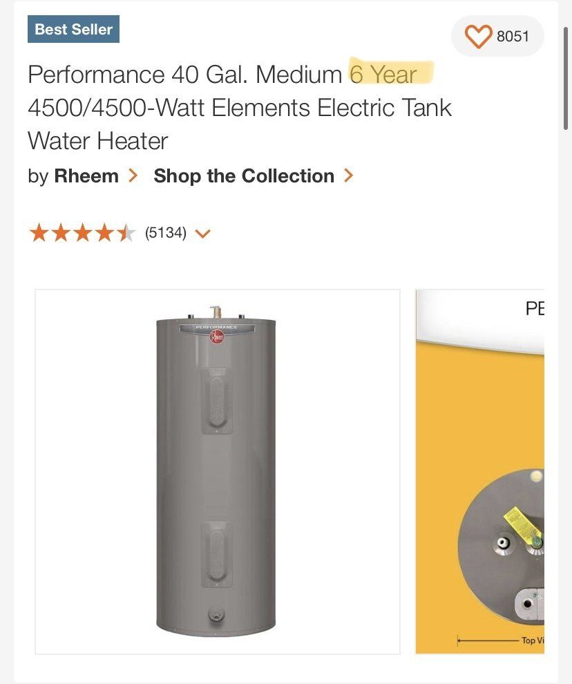 Screenshot of Rheem Residential Water Heater Warranty for Parts and Tank
