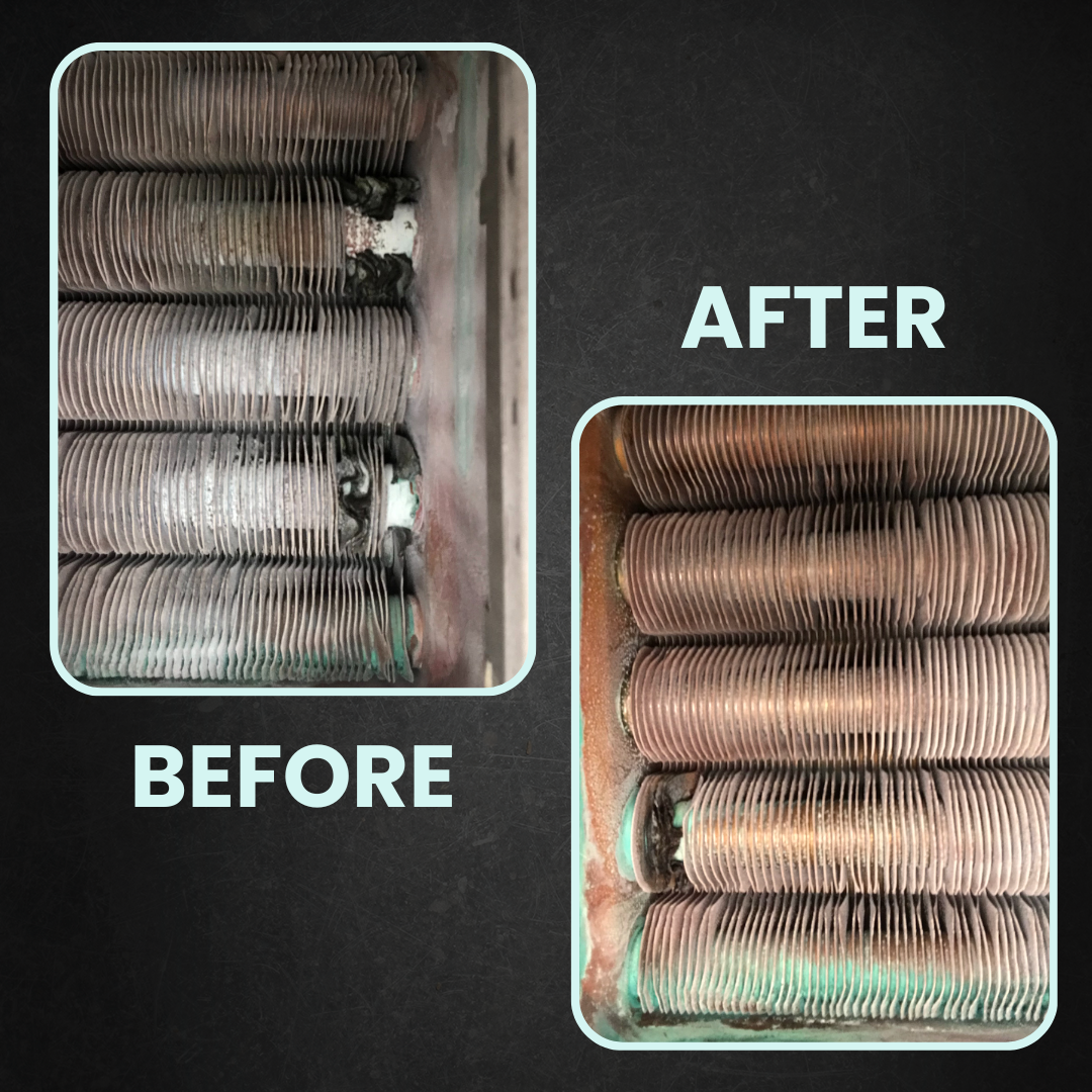 Tankless water heater maintenance, heat exchanger before and after flush and cleaning