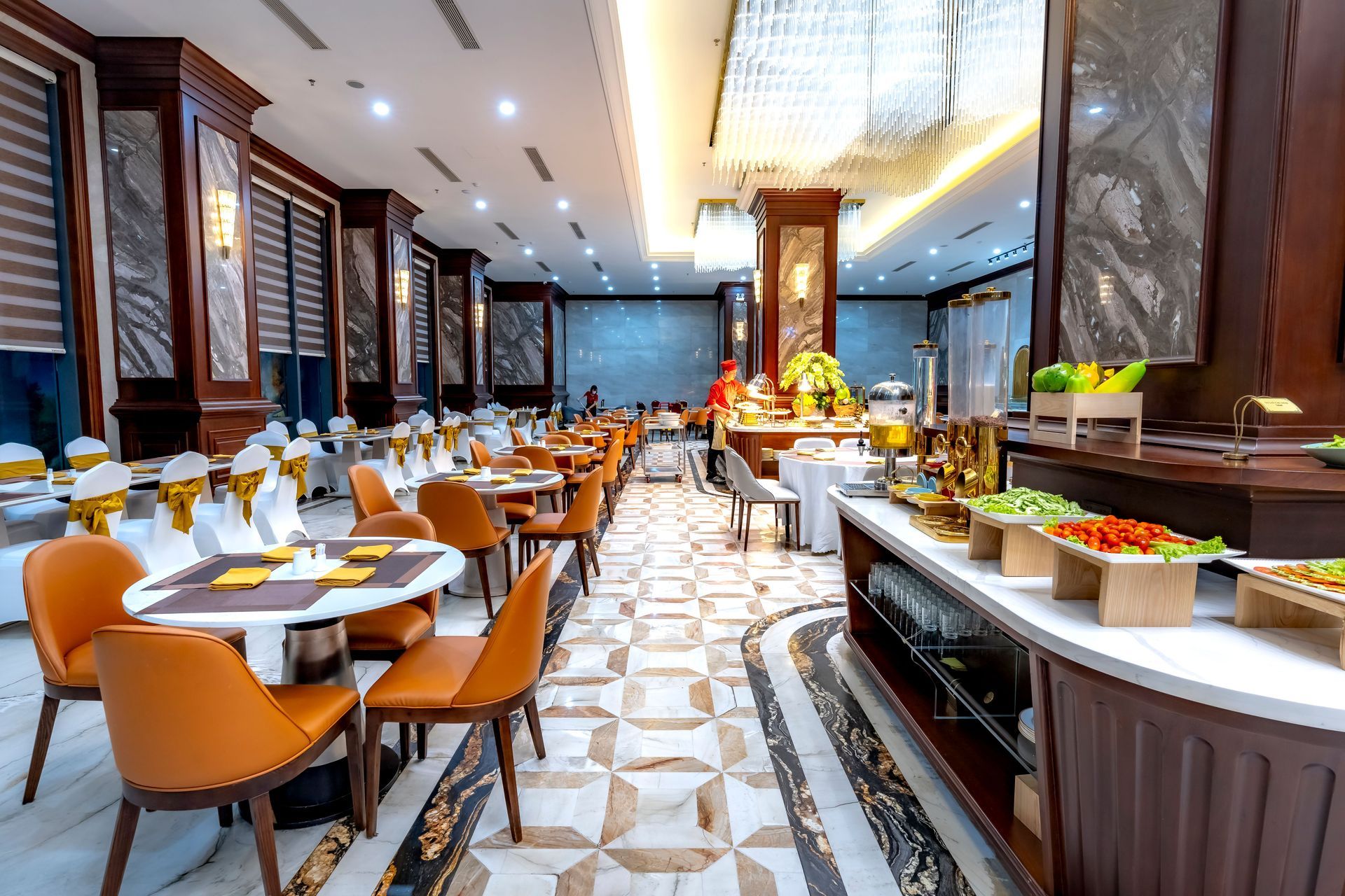 Restaurant and bar with tables set for clients
