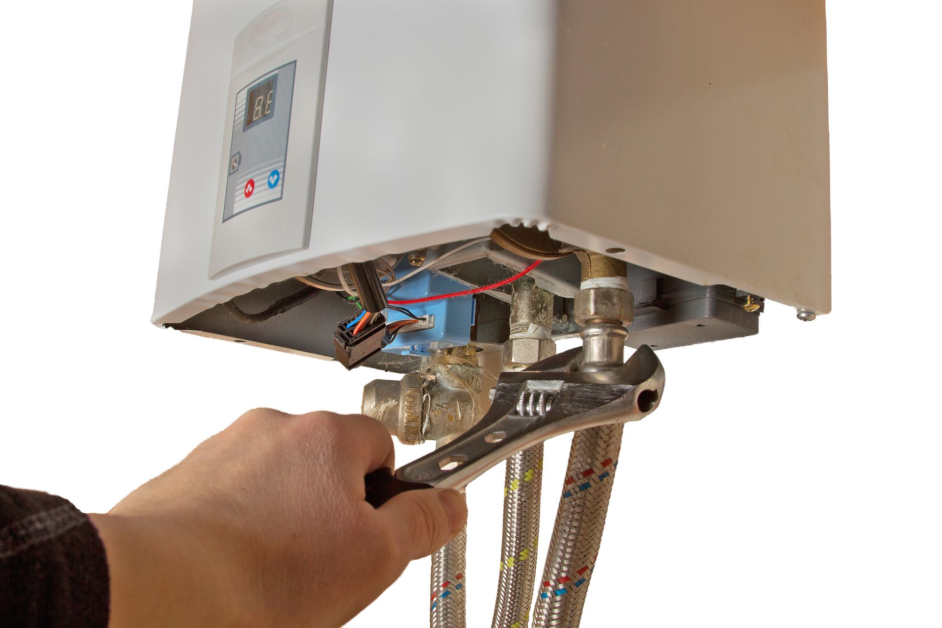 wrench at water heater connectors