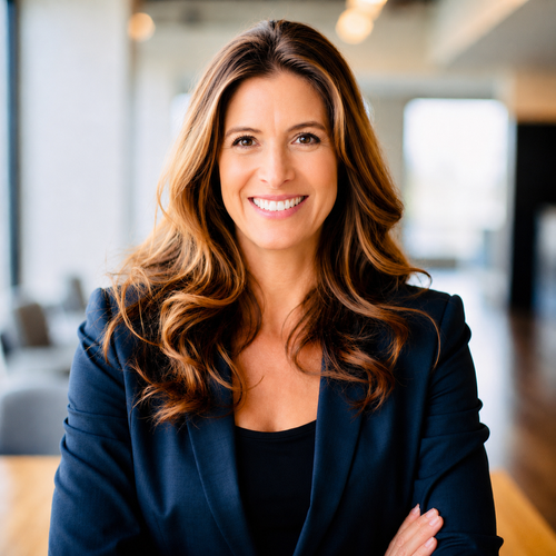 Smiling professional in navy blazer standing in a bright office setting