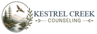 Kestrel Creek Counseling logo with bird, trees, and mountain in muted green and beige