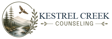 Kestrel Creek Counseling logo with bird, trees, and mountain in muted green and beige