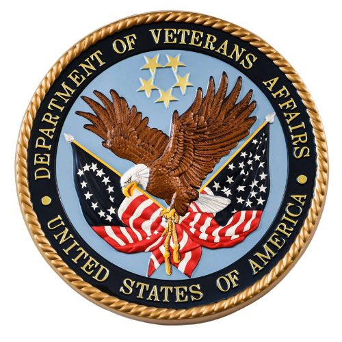 U.S. Department of Veterans Affairs seal with eagle, American flag, and gold border