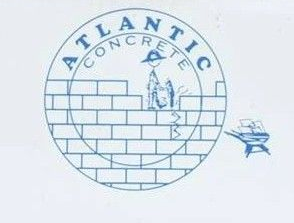 Atlantic Concrete logo with a brick wall, mason, and ship in light blue