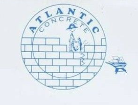 Atlantic Concrete logo with a brick wall, mason, and ship in light blue