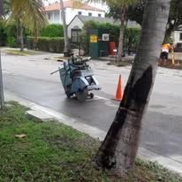 Blue scooter parked on a wet street beside an orange cone, with a tree trunk in the foreground.