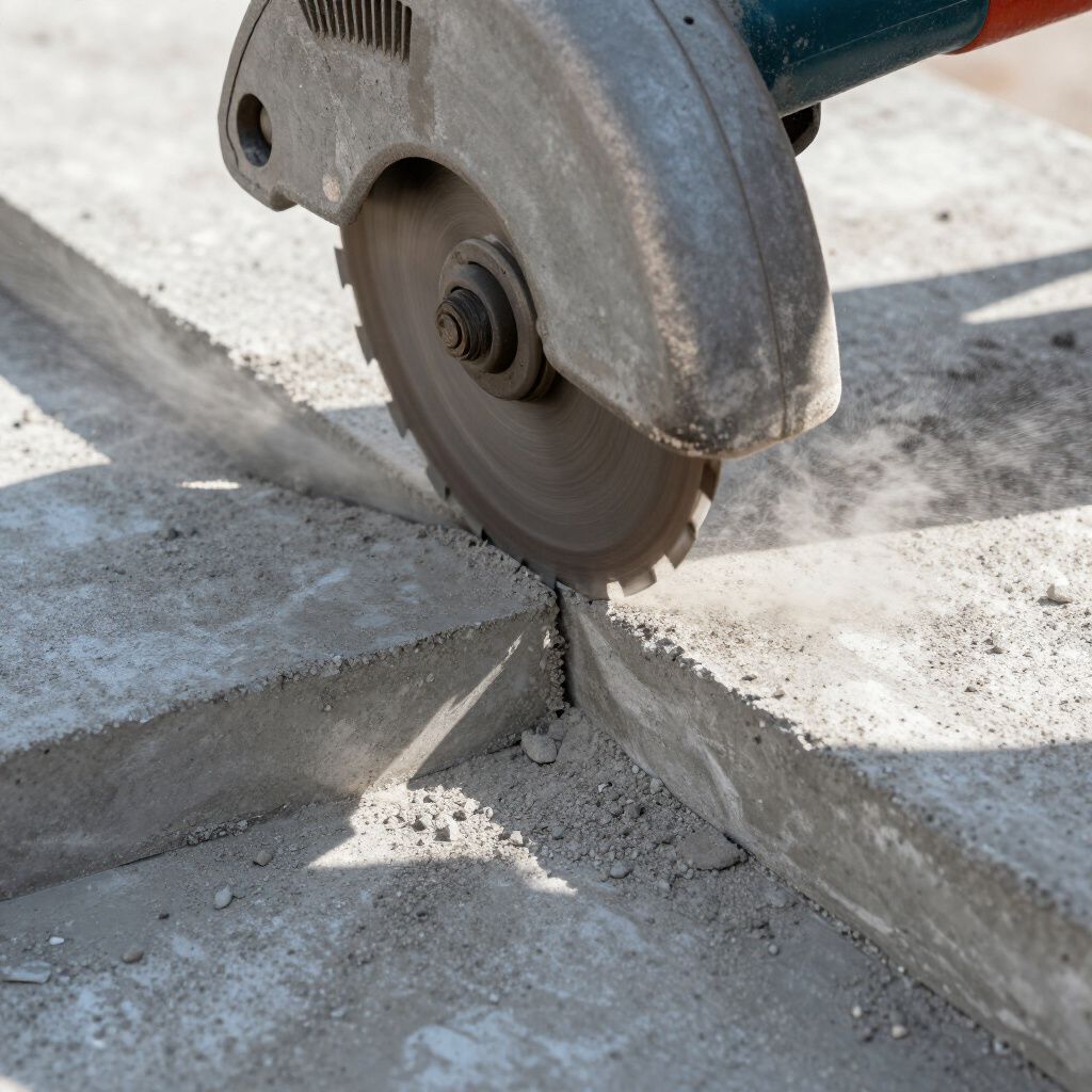 Concrete saw cutting a groove between pavement slabs, with dust around the blade
