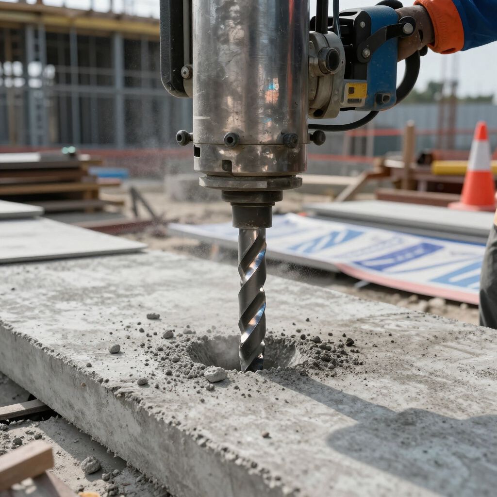 Drill boring into concrete on a construction site; dust and debris visible.