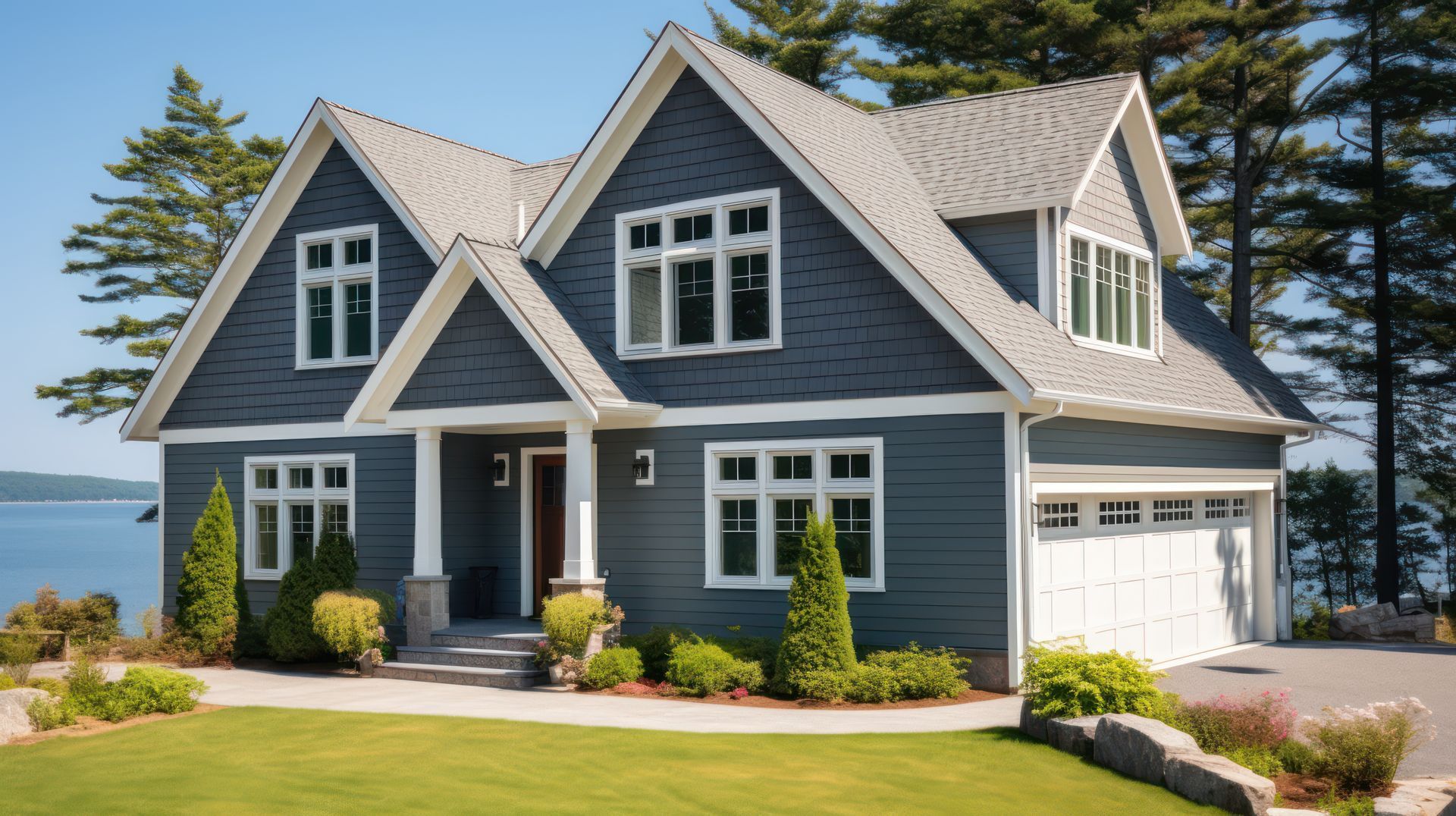 Blue-sided two-story house with white trim, gray roof, and attached garage sits by a lake on a sunny day.