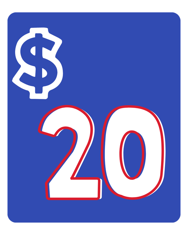 Blue square sign with a white dollar symbol and red-outlined number 20