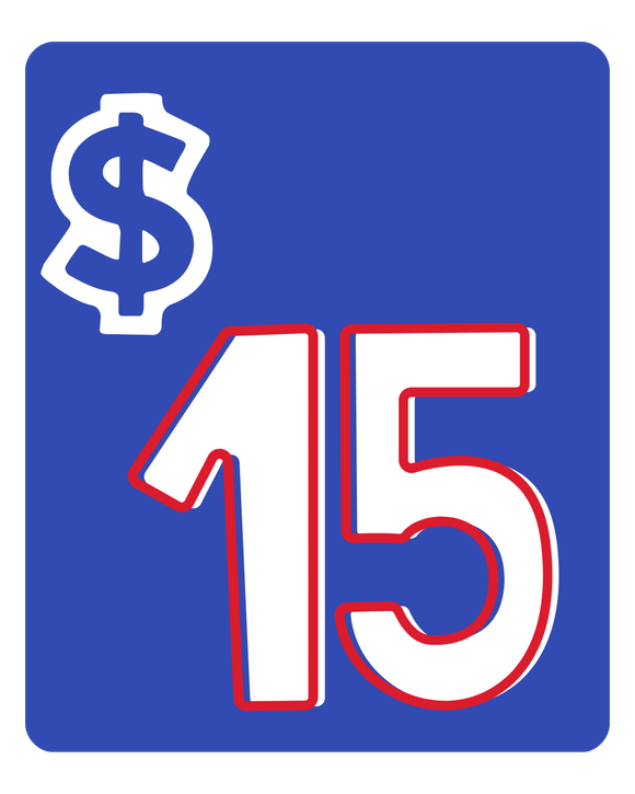 Blue square with white dollar sign and large white “15” outlined in red.