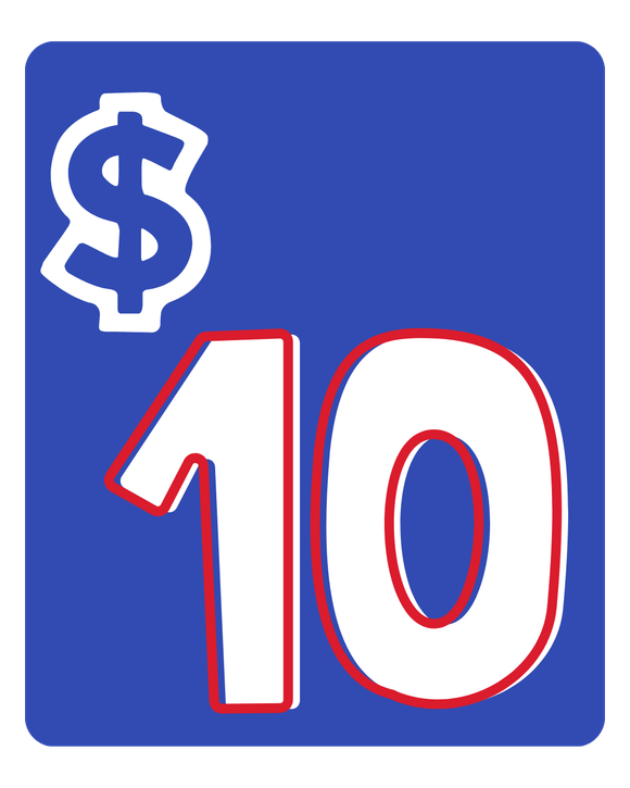 Blue square sign with a white dollar symbol and large white-outlined red number 10