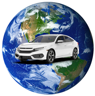 White sedan in front of a globe, suggesting eco-friendly global transportation