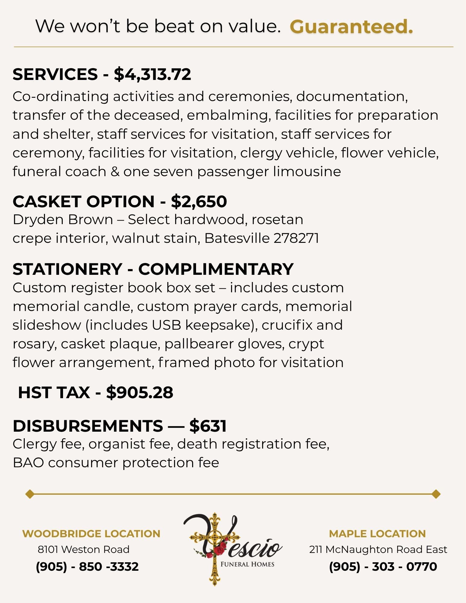 Funeral package details with costs. Includes services, casket options, flowers, stationery, and disbursements, with locations shown.