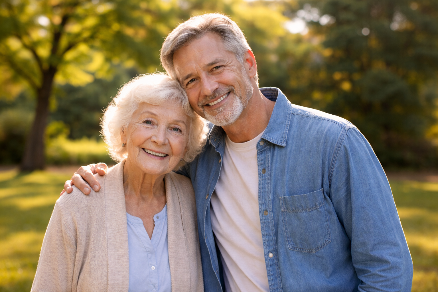 An elderly woman and her son