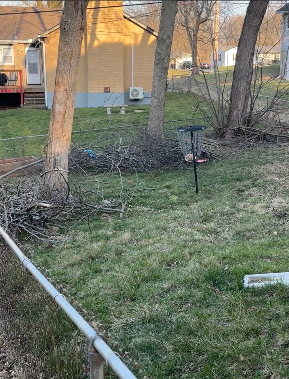 Two people in blue branded shirts clean a yard, carrying a crate and filling black trash bags with leaves near a truck.