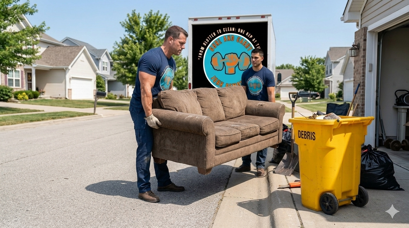 Two people in matching blue shirts carry a brown sofa toward a moving truck on a residential street.