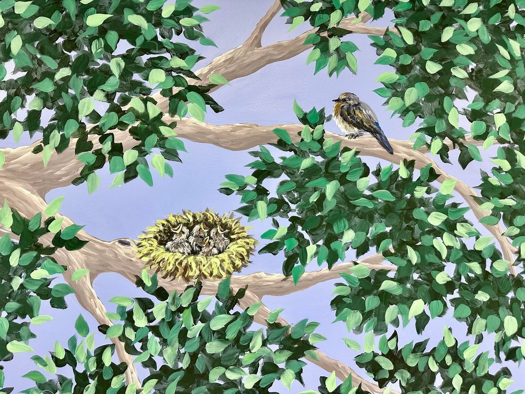 Painting of leafy tree branches with a bird's nest