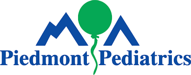 Logo for Piedmont Pediatrics featuring a green balloon shape between two blue mountain-like triangular shapes.