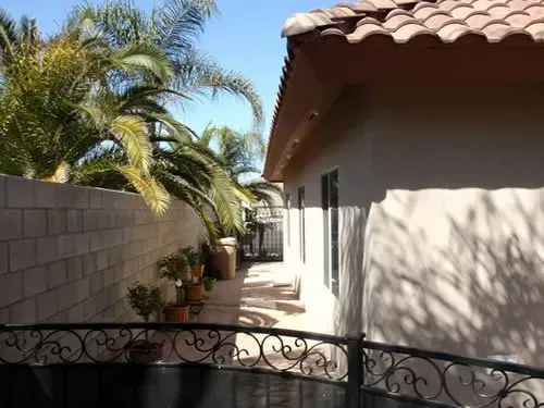 A house with a palm tree in front of it