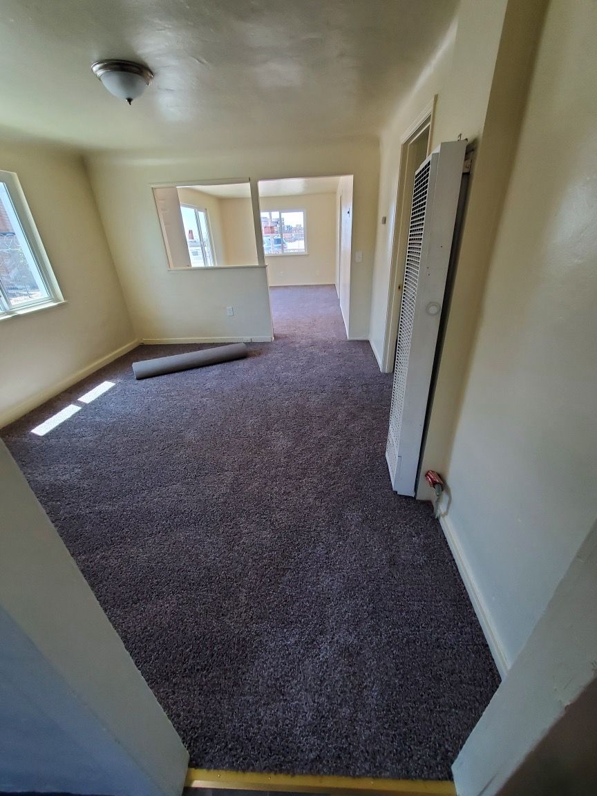 A living room with a purple carpet and white walls.