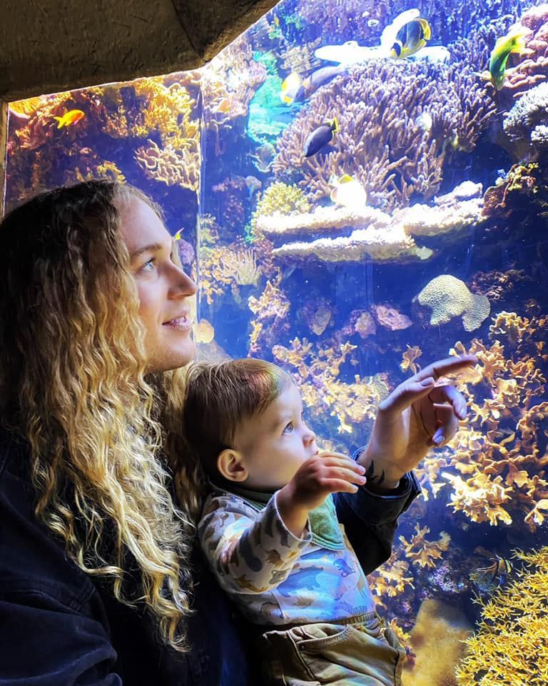 Scotty and their nephew are looking at fish in an aquarium.