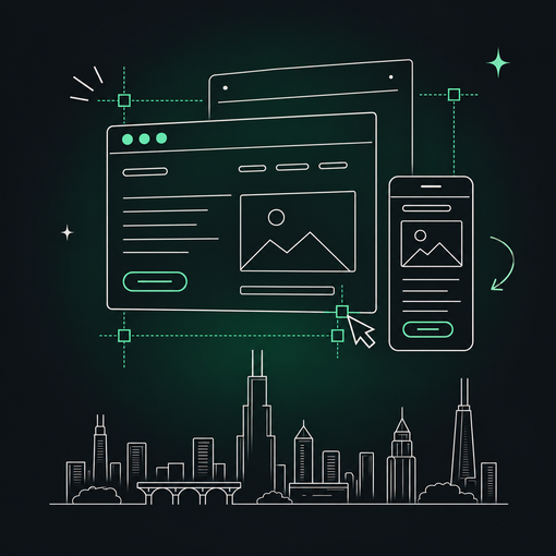 Website redesign and management illustration with a subtle Chicago skyline