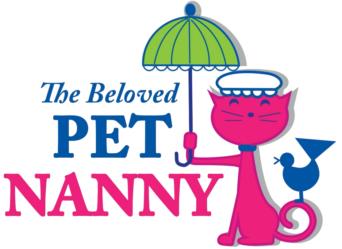 The Beloved Pet Nanny Logo of a pink cat holding a green umbrella, with a blue bird. Text reads