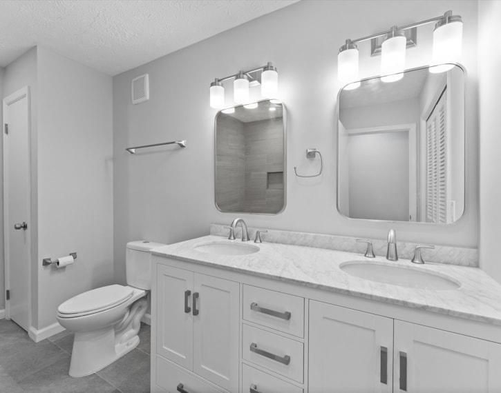 Modern bathroom with double vanity, two mirrors, and toilet beside a walk-in shower area