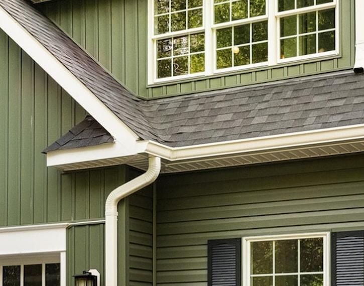 Green house exterior with white trim, gray roof, and white-framed windows