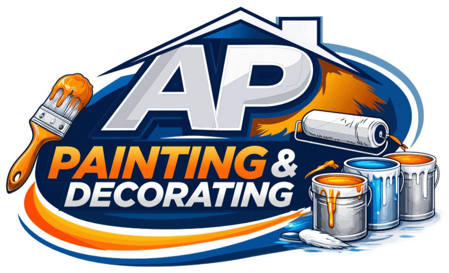 Blue paint brush covering a white house, indicating painting services.